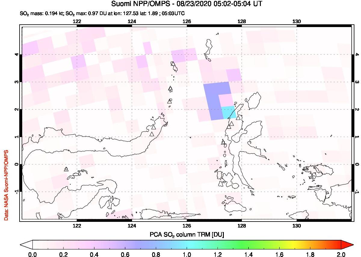 A sulfur dioxide image over Northern Sulawesi & Halmahera, Indonesia on Aug 23, 2020.