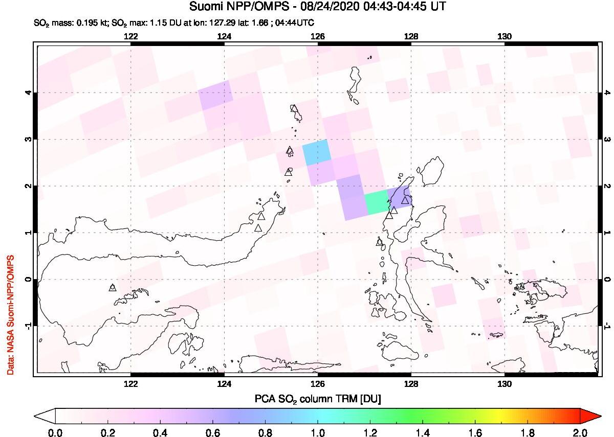 A sulfur dioxide image over Northern Sulawesi & Halmahera, Indonesia on Aug 24, 2020.