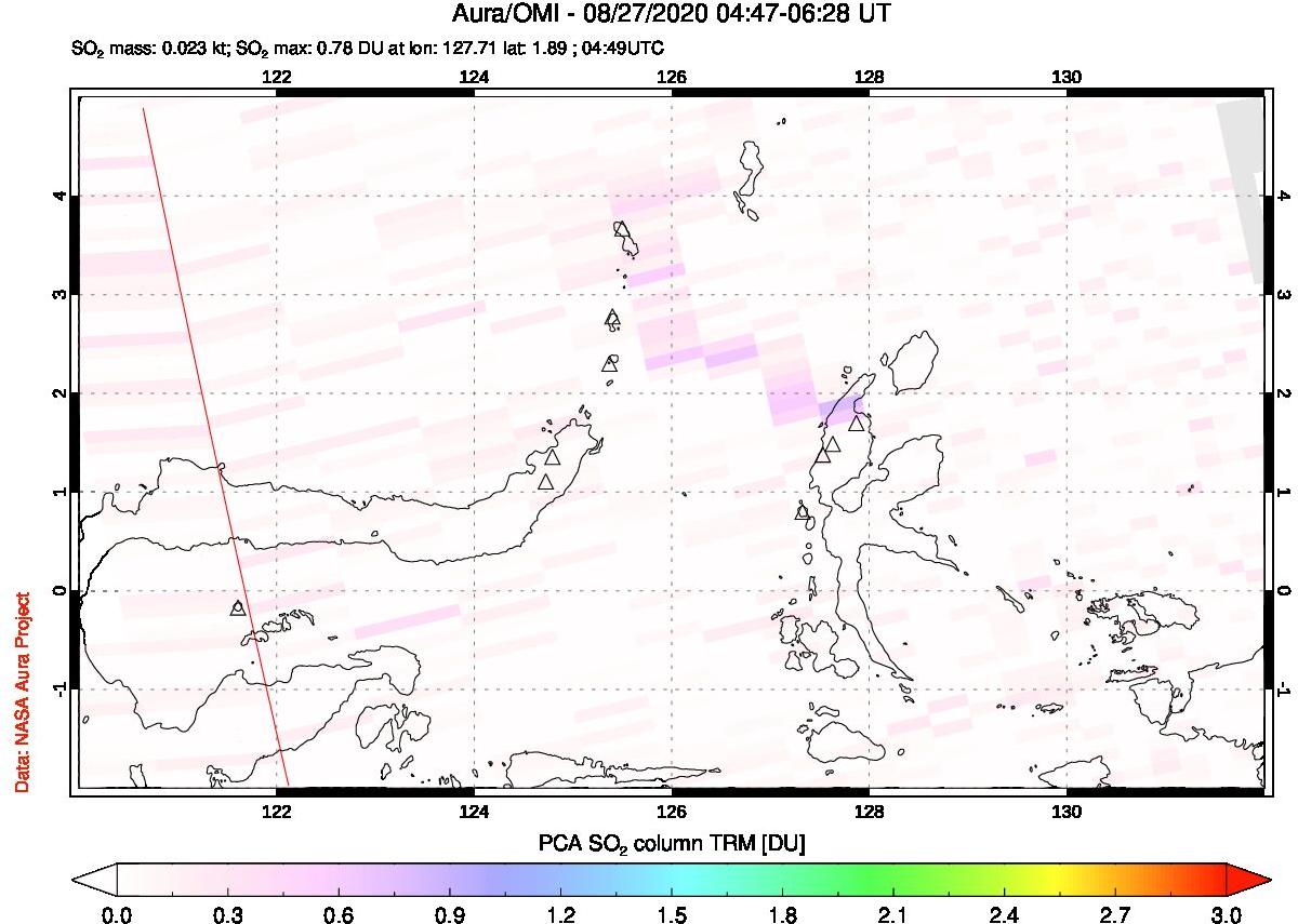 A sulfur dioxide image over Northern Sulawesi & Halmahera, Indonesia on Aug 27, 2020.