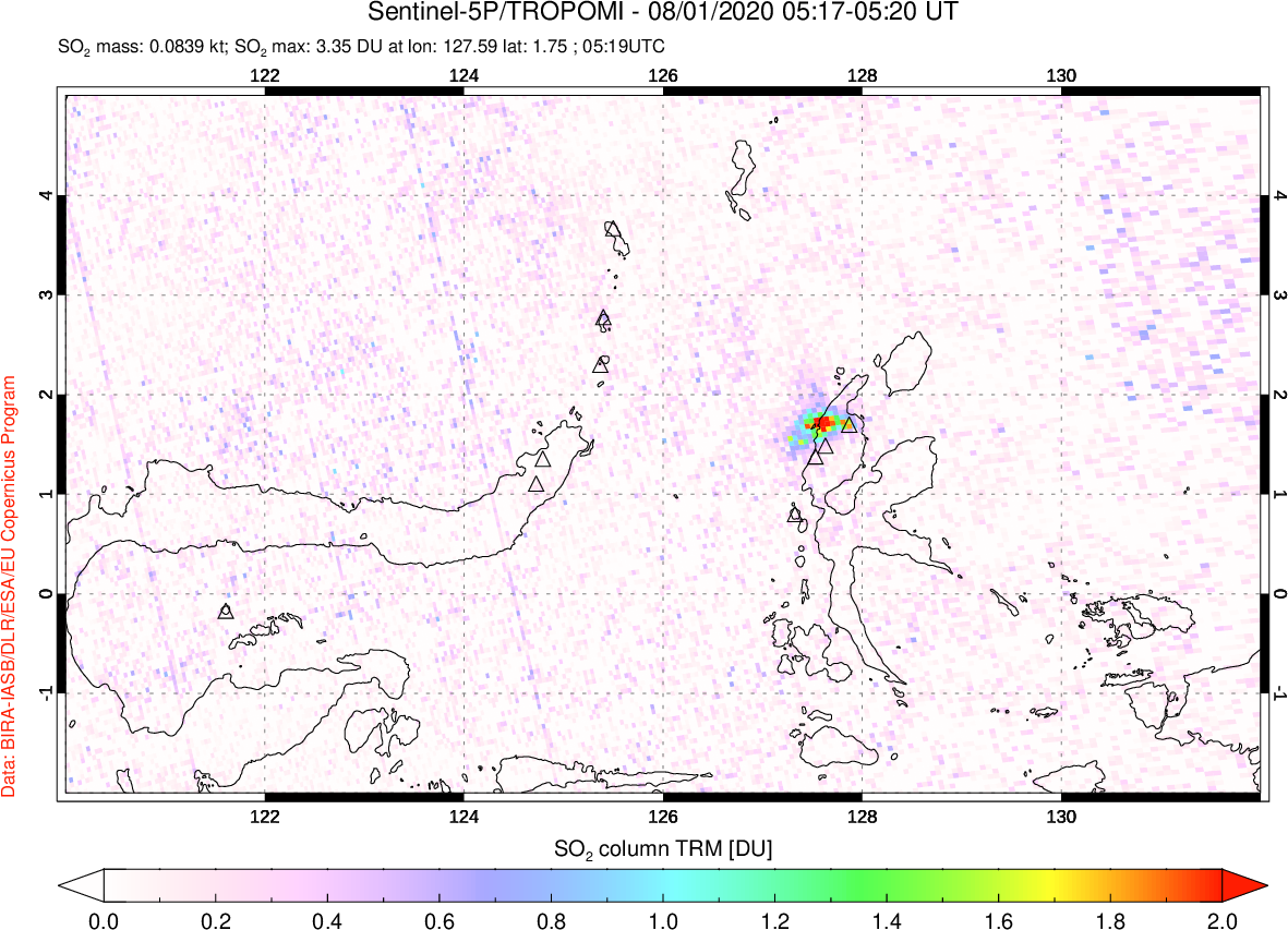 A sulfur dioxide image over Northern Sulawesi & Halmahera, Indonesia on Aug 01, 2020.