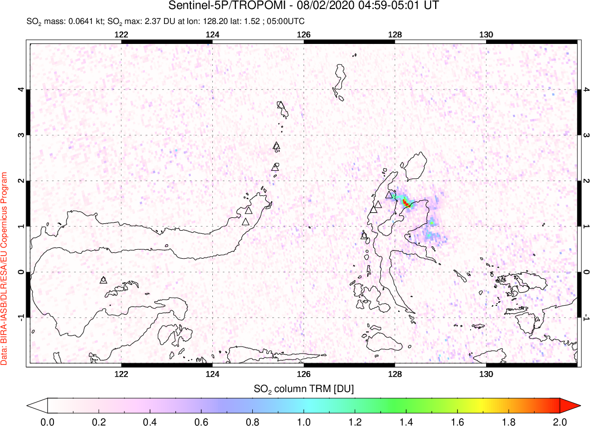 A sulfur dioxide image over Northern Sulawesi & Halmahera, Indonesia on Aug 02, 2020.