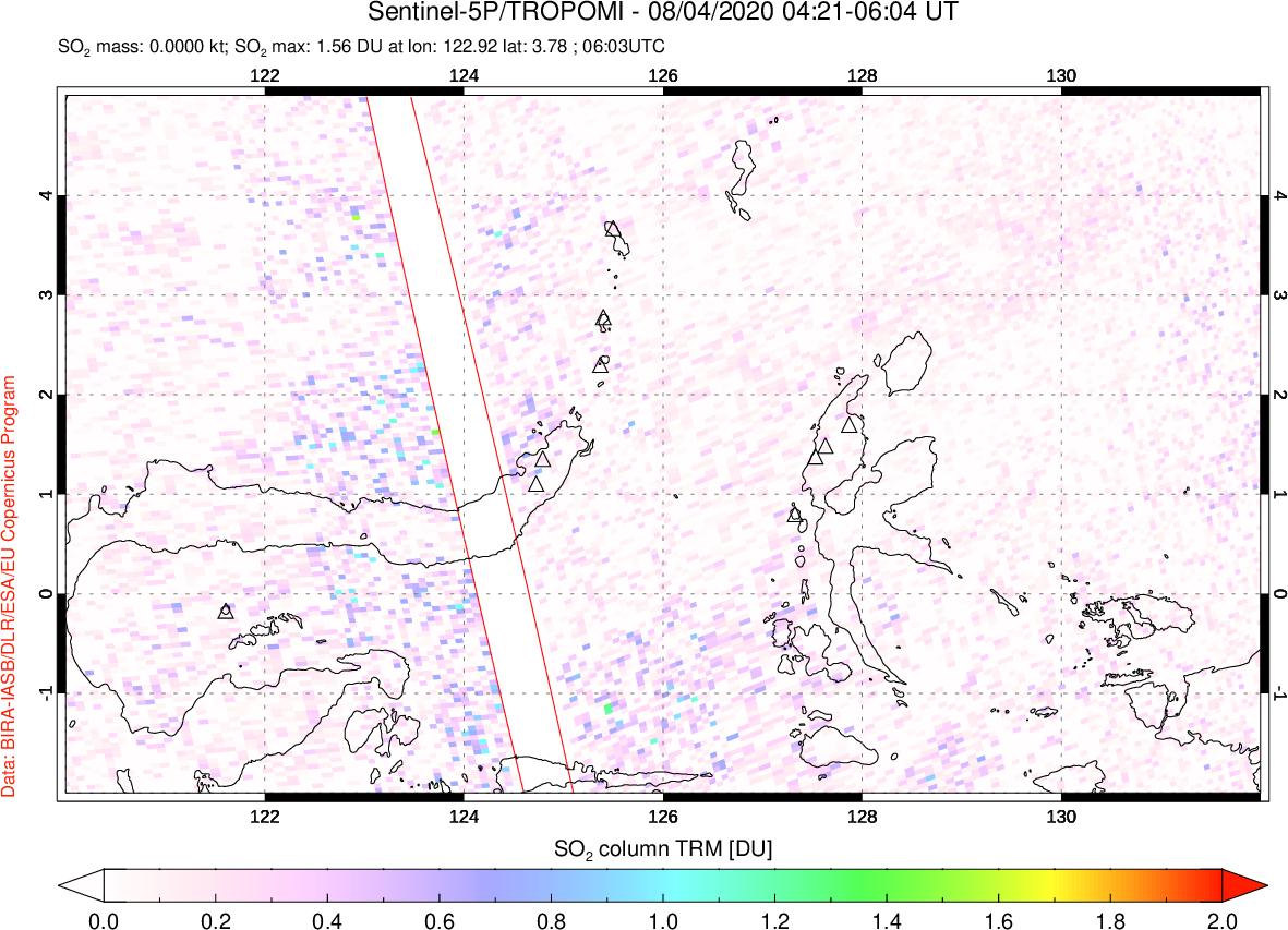 A sulfur dioxide image over Northern Sulawesi & Halmahera, Indonesia on Aug 04, 2020.