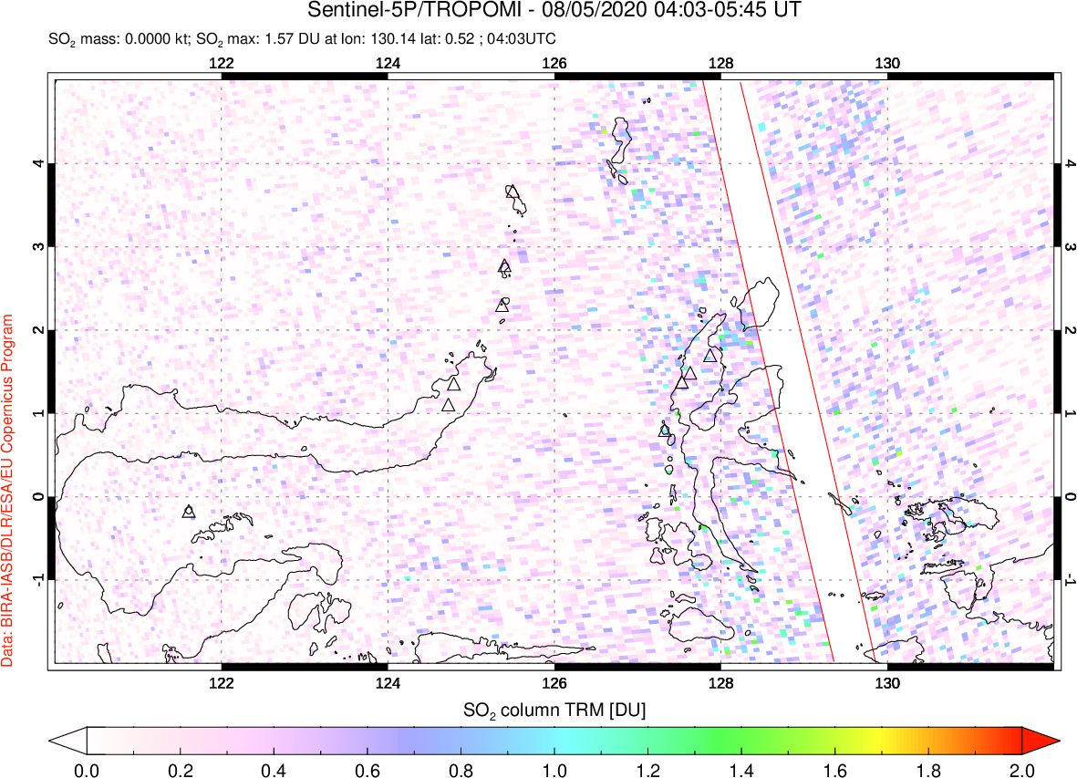 A sulfur dioxide image over Northern Sulawesi & Halmahera, Indonesia on Aug 05, 2020.