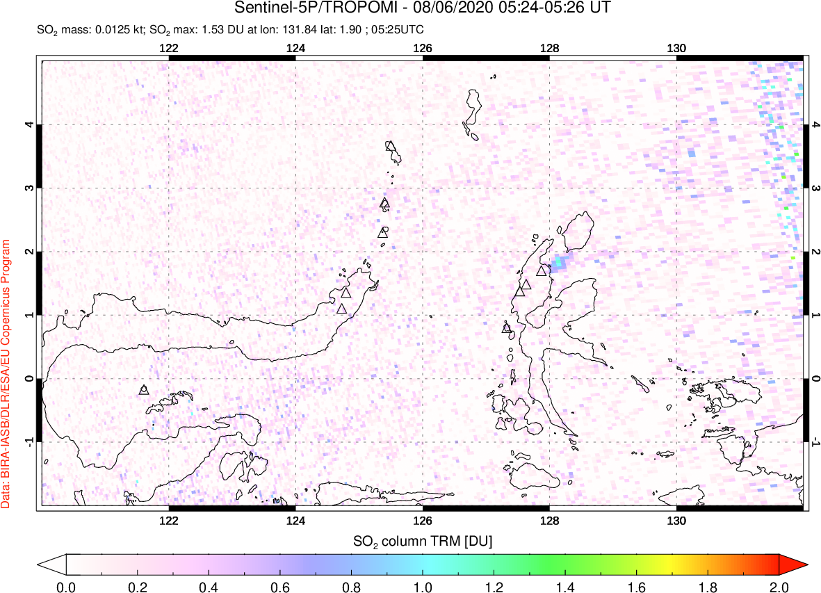 A sulfur dioxide image over Northern Sulawesi & Halmahera, Indonesia on Aug 06, 2020.