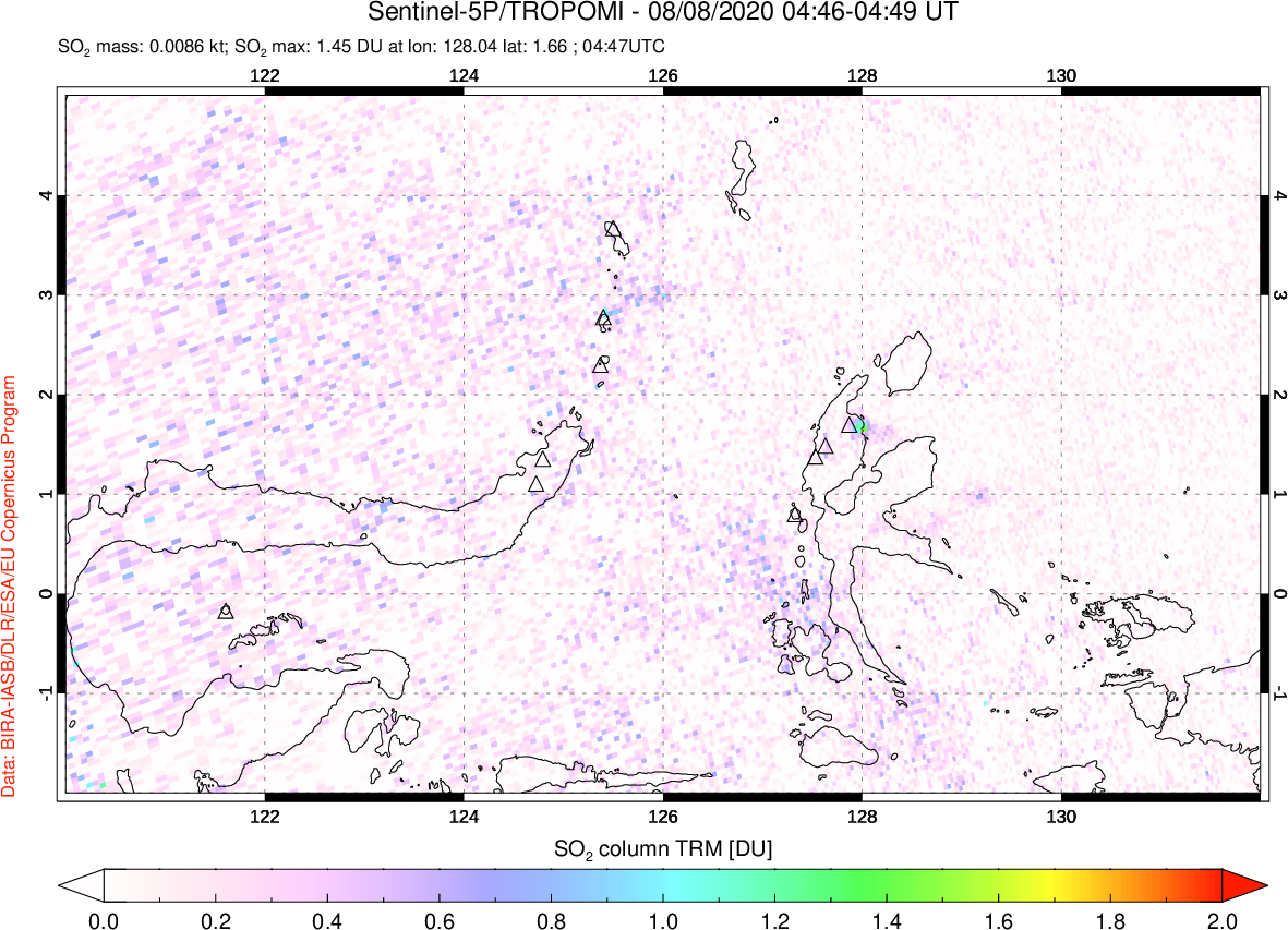 A sulfur dioxide image over Northern Sulawesi & Halmahera, Indonesia on Aug 08, 2020.