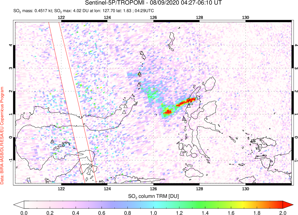 A sulfur dioxide image over Northern Sulawesi & Halmahera, Indonesia on Aug 09, 2020.