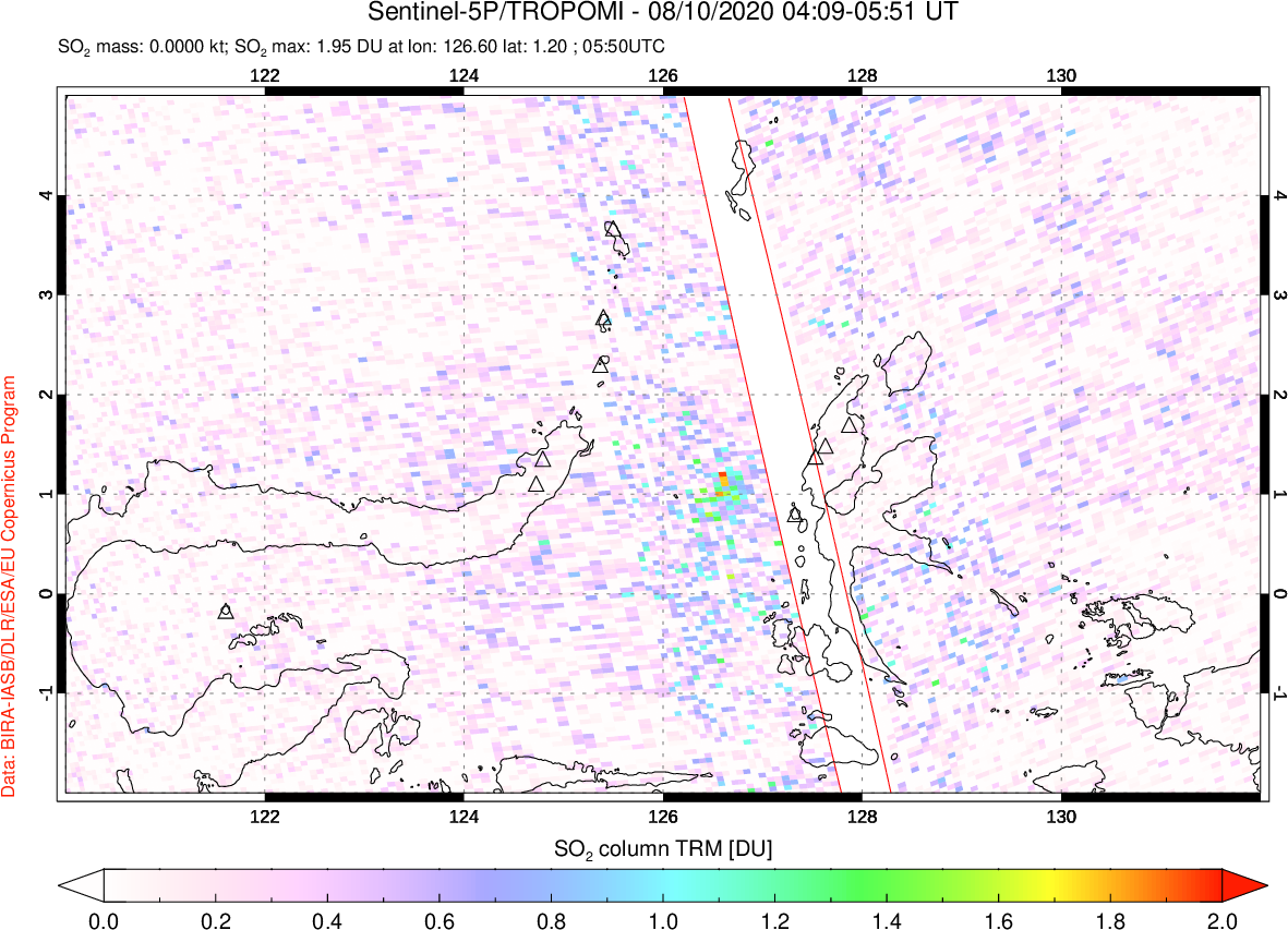 A sulfur dioxide image over Northern Sulawesi & Halmahera, Indonesia on Aug 10, 2020.