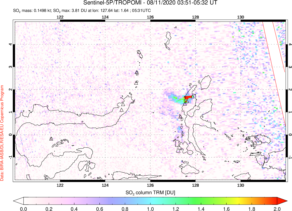 A sulfur dioxide image over Northern Sulawesi & Halmahera, Indonesia on Aug 11, 2020.