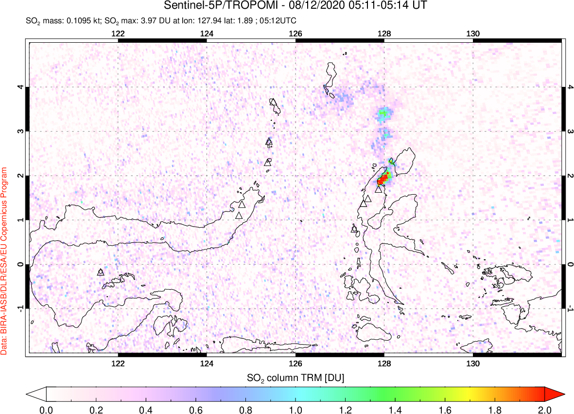 A sulfur dioxide image over Northern Sulawesi & Halmahera, Indonesia on Aug 12, 2020.