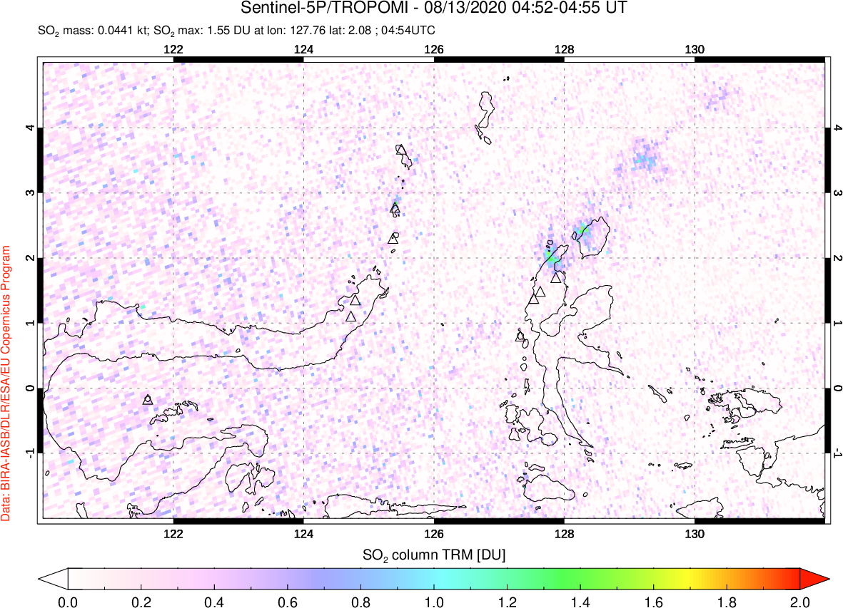 A sulfur dioxide image over Northern Sulawesi & Halmahera, Indonesia on Aug 13, 2020.