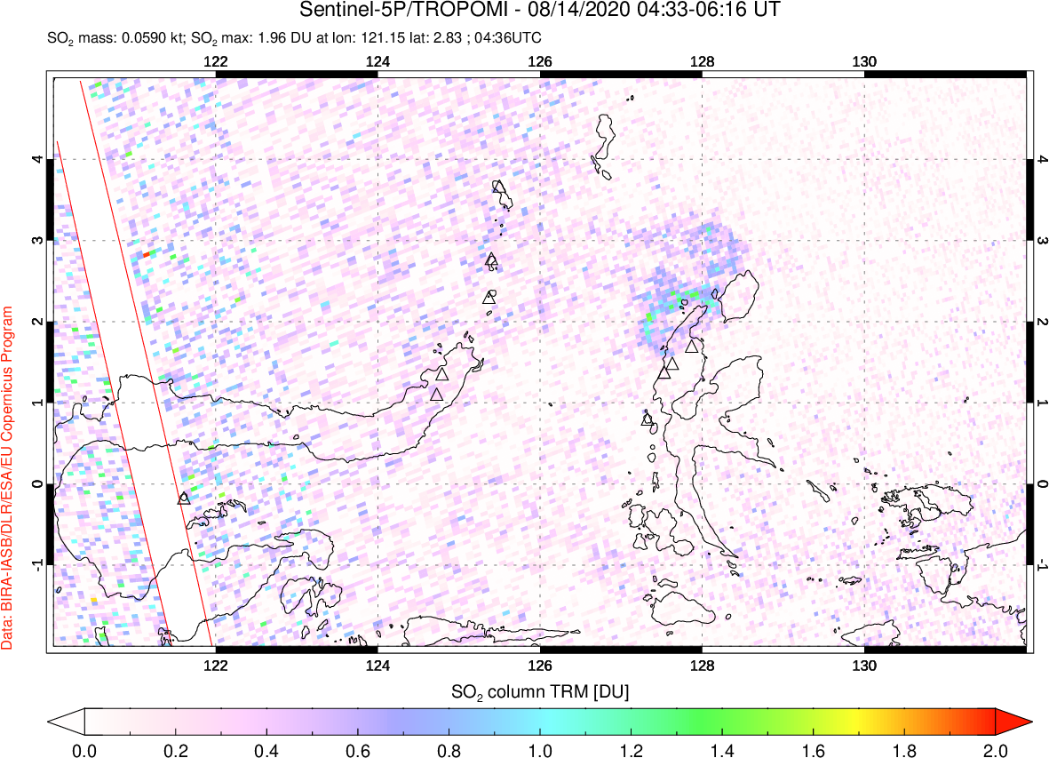 A sulfur dioxide image over Northern Sulawesi & Halmahera, Indonesia on Aug 14, 2020.