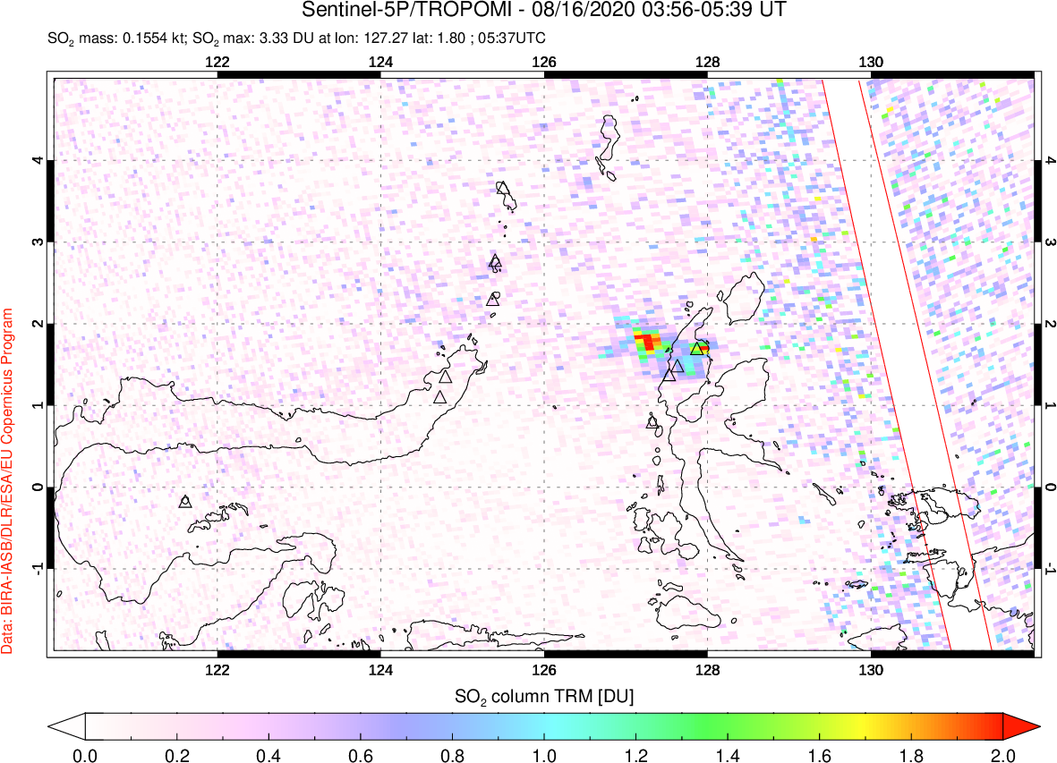 A sulfur dioxide image over Northern Sulawesi & Halmahera, Indonesia on Aug 16, 2020.