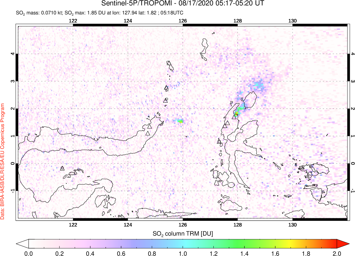 A sulfur dioxide image over Northern Sulawesi & Halmahera, Indonesia on Aug 17, 2020.