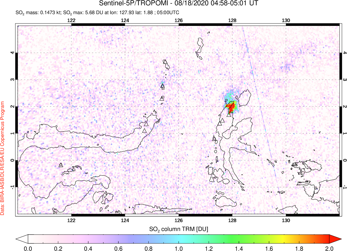 A sulfur dioxide image over Northern Sulawesi & Halmahera, Indonesia on Aug 18, 2020.