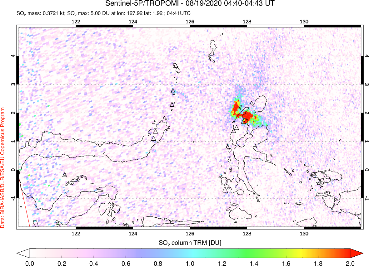 A sulfur dioxide image over Northern Sulawesi & Halmahera, Indonesia on Aug 19, 2020.