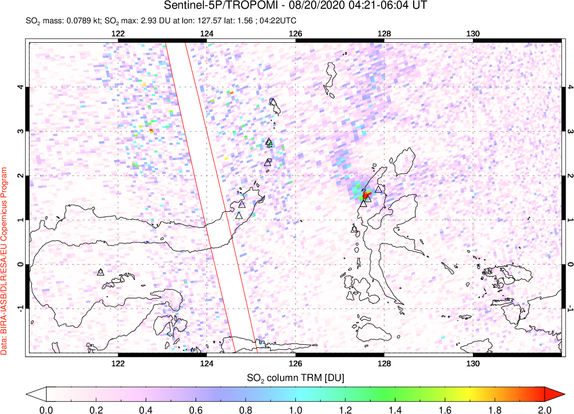 A sulfur dioxide image over Northern Sulawesi & Halmahera, Indonesia on Aug 20, 2020.