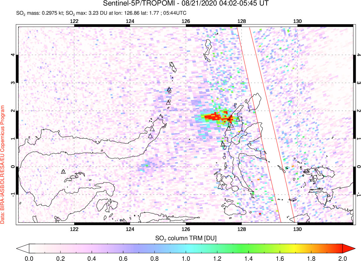 A sulfur dioxide image over Northern Sulawesi & Halmahera, Indonesia on Aug 21, 2020.