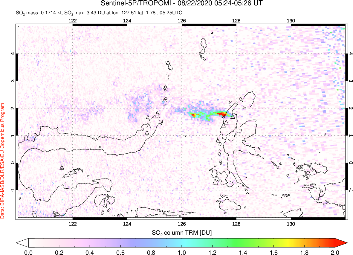 A sulfur dioxide image over Northern Sulawesi & Halmahera, Indonesia on Aug 22, 2020.