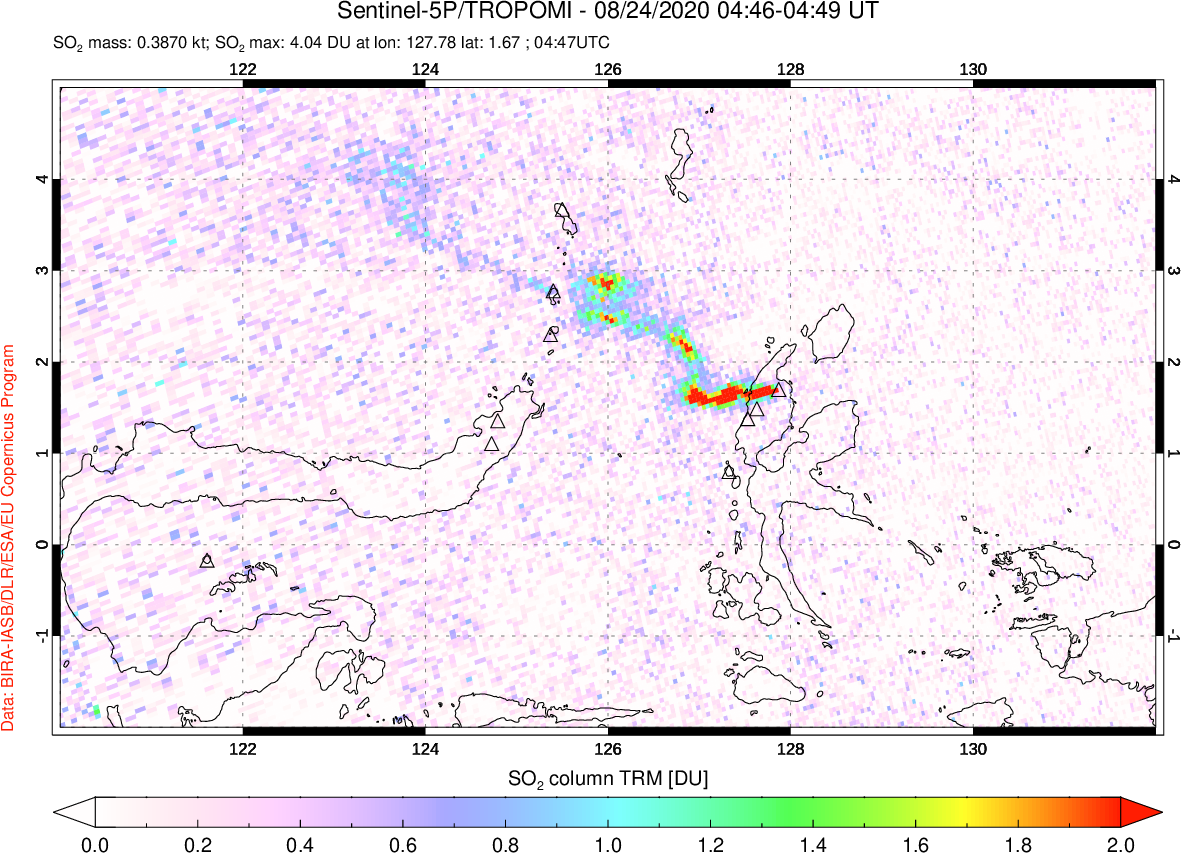 A sulfur dioxide image over Northern Sulawesi & Halmahera, Indonesia on Aug 24, 2020.