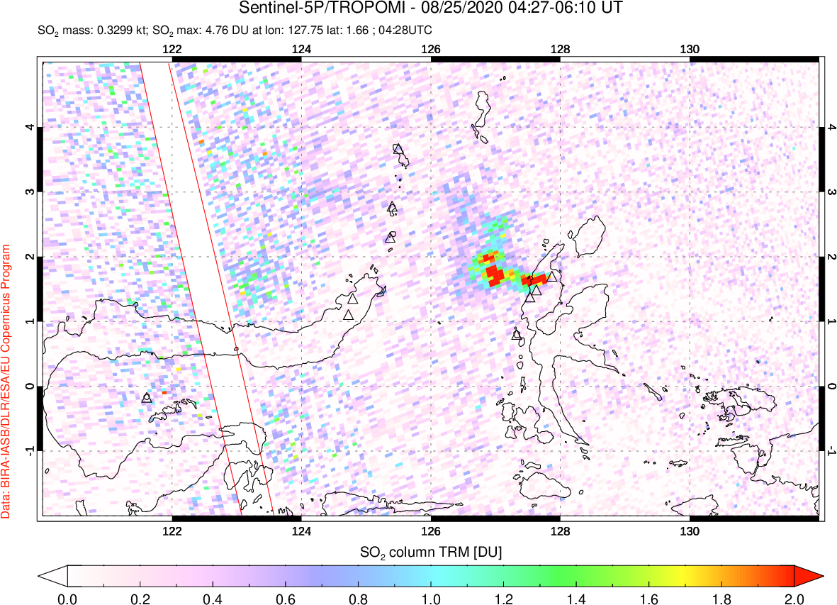 A sulfur dioxide image over Northern Sulawesi & Halmahera, Indonesia on Aug 25, 2020.