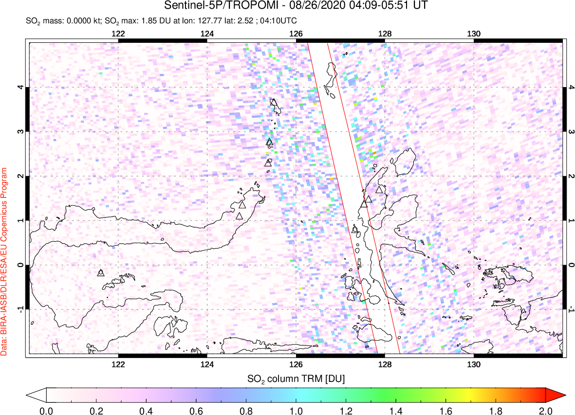 A sulfur dioxide image over Northern Sulawesi & Halmahera, Indonesia on Aug 26, 2020.