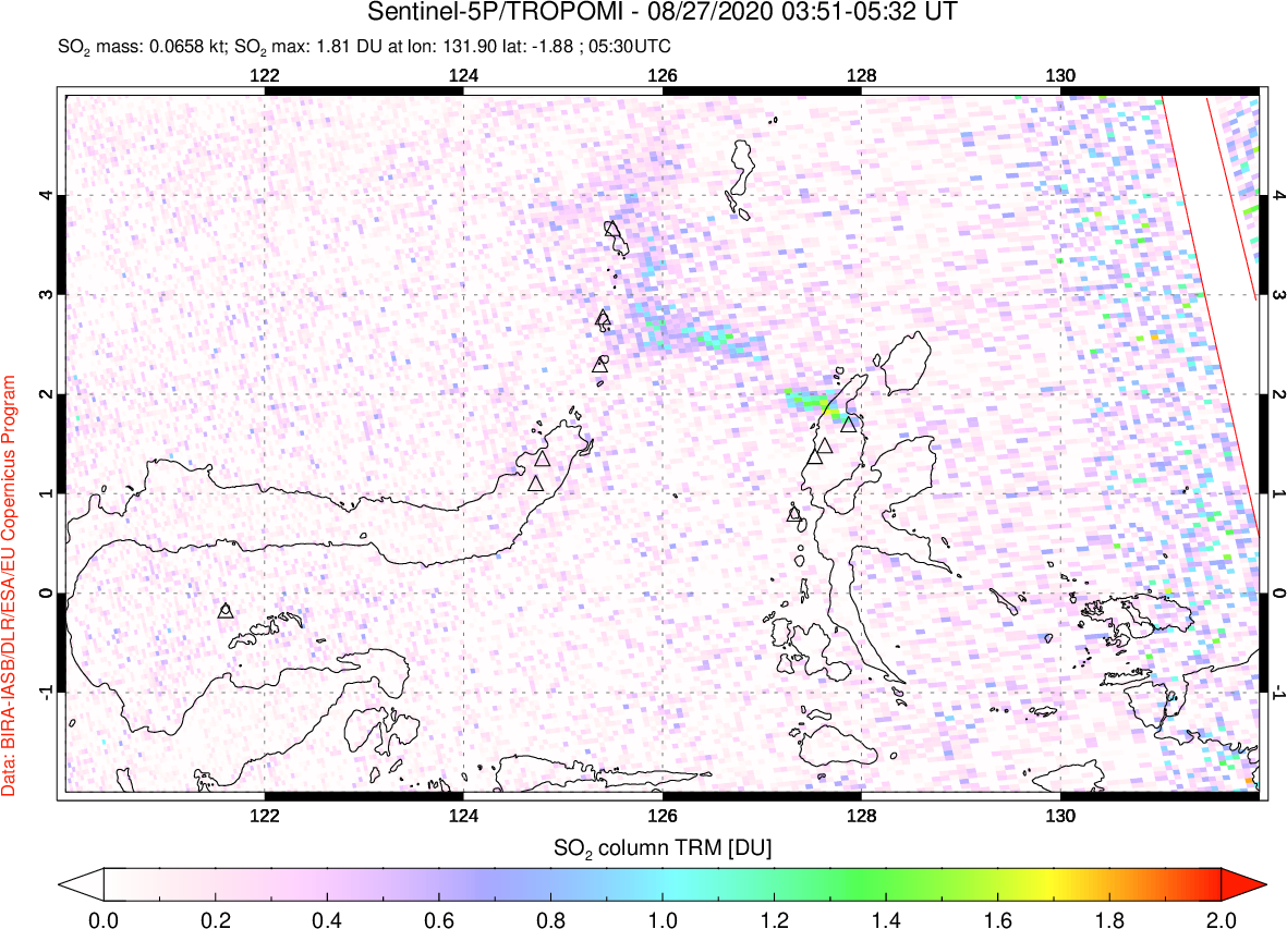 A sulfur dioxide image over Northern Sulawesi & Halmahera, Indonesia on Aug 27, 2020.