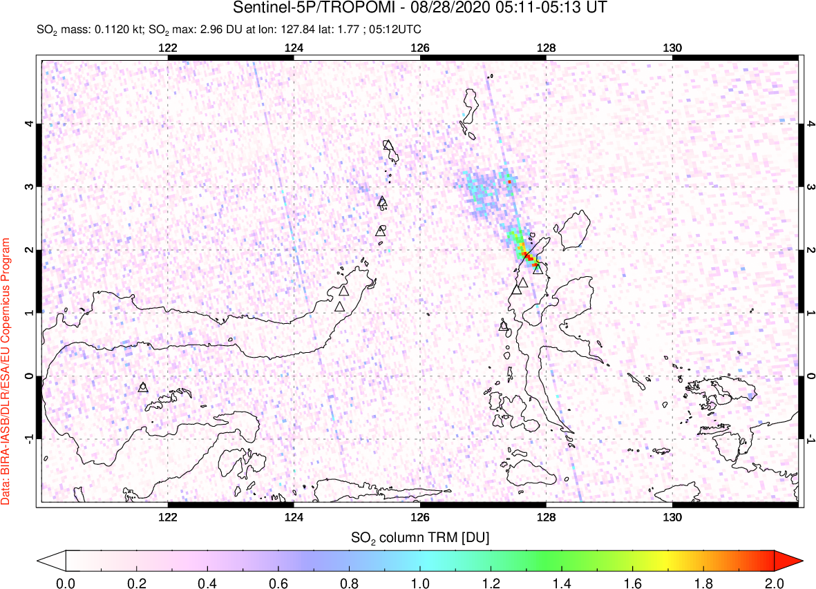 A sulfur dioxide image over Northern Sulawesi & Halmahera, Indonesia on Aug 28, 2020.