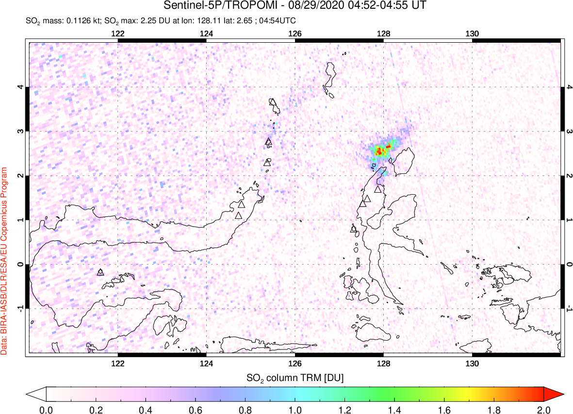 A sulfur dioxide image over Northern Sulawesi & Halmahera, Indonesia on Aug 29, 2020.