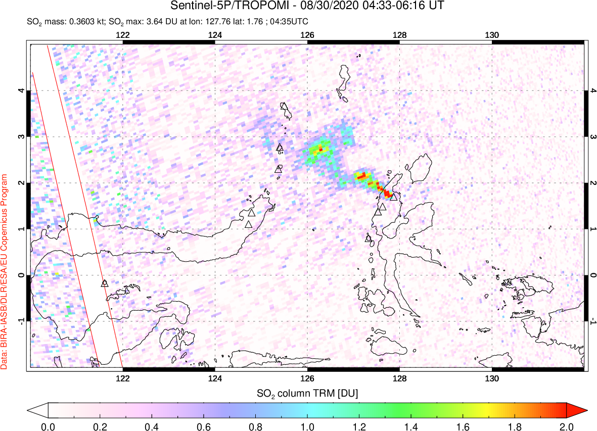 A sulfur dioxide image over Northern Sulawesi & Halmahera, Indonesia on Aug 30, 2020.