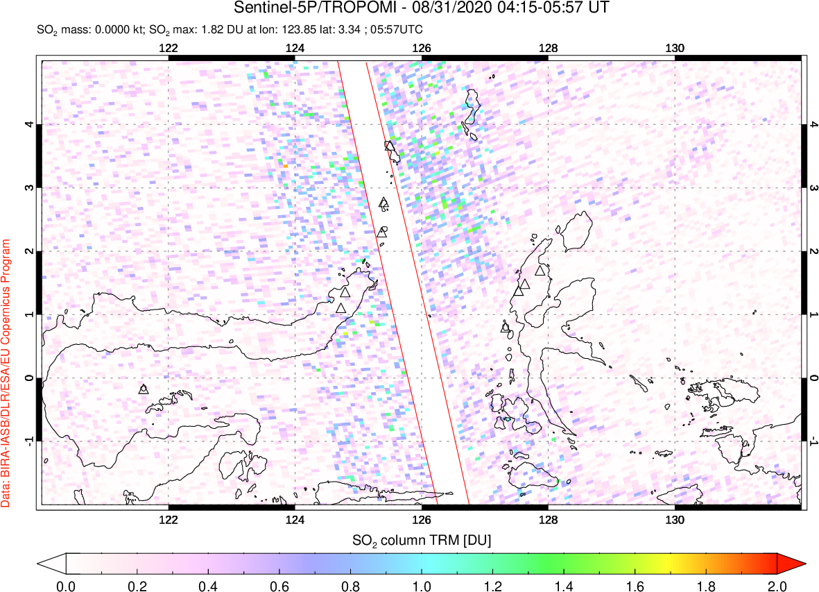 A sulfur dioxide image over Northern Sulawesi & Halmahera, Indonesia on Aug 31, 2020.