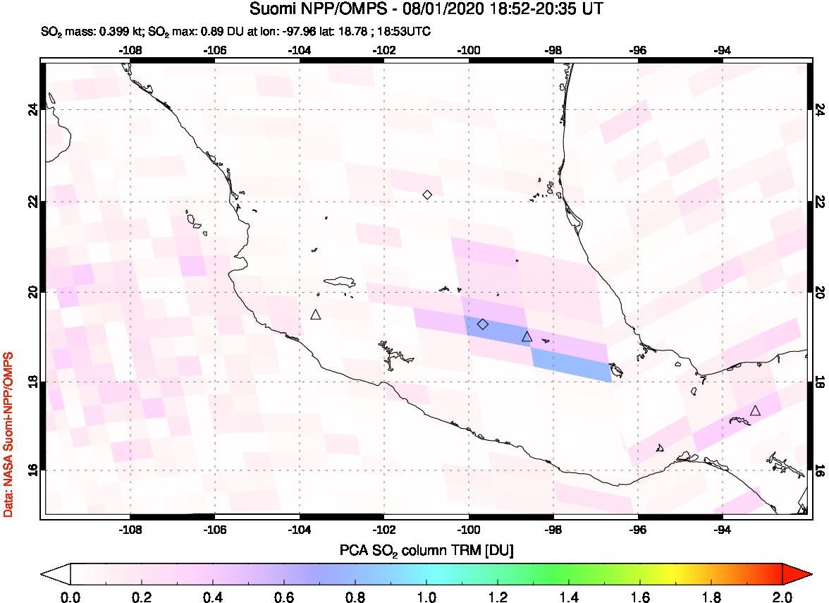 A sulfur dioxide image over Mexico on Aug 01, 2020.