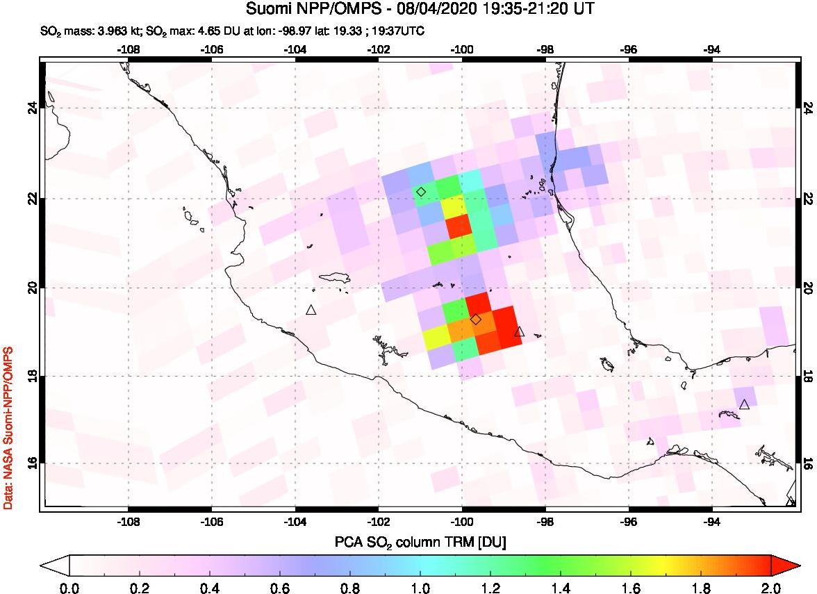 A sulfur dioxide image over Mexico on Aug 04, 2020.
