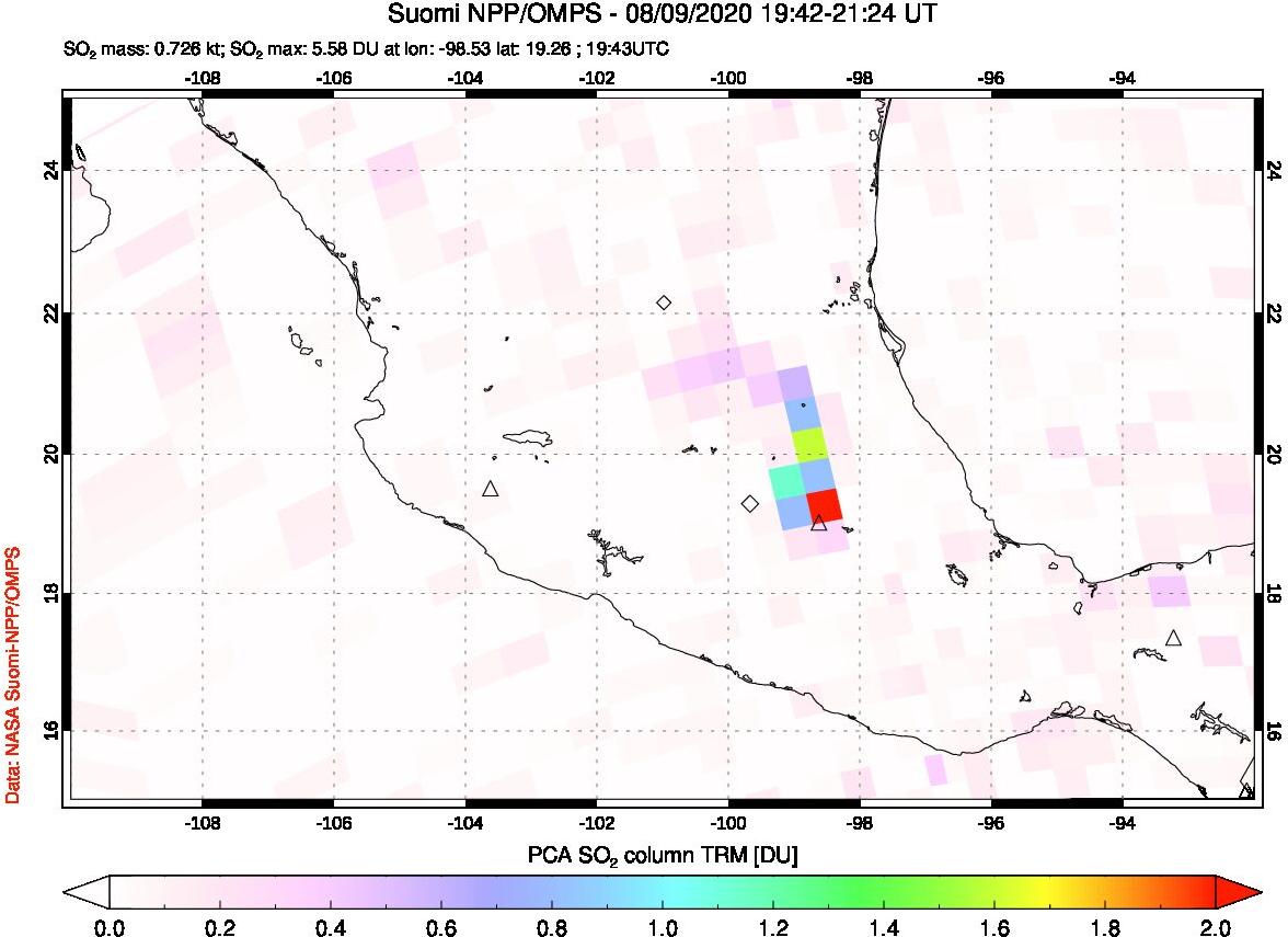 A sulfur dioxide image over Mexico on Aug 09, 2020.