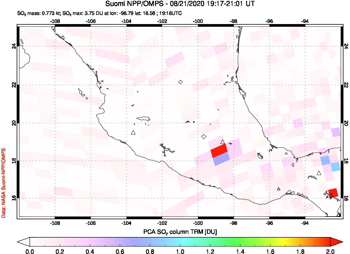 A sulfur dioxide image over Mexico on Aug 21, 2020.