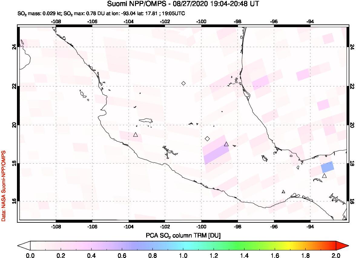 A sulfur dioxide image over Mexico on Aug 27, 2020.