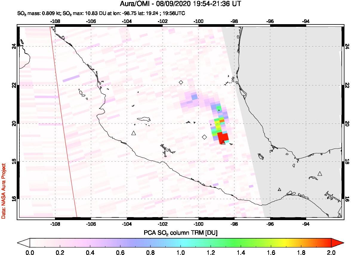 A sulfur dioxide image over Mexico on Aug 09, 2020.