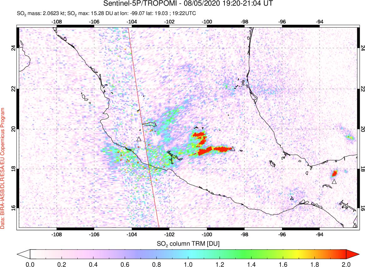 A sulfur dioxide image over Mexico on Aug 05, 2020.
