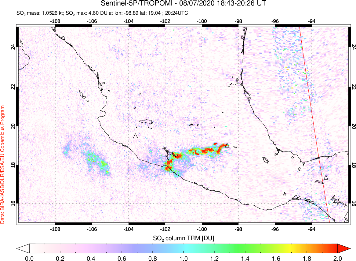 A sulfur dioxide image over Mexico on Aug 07, 2020.
