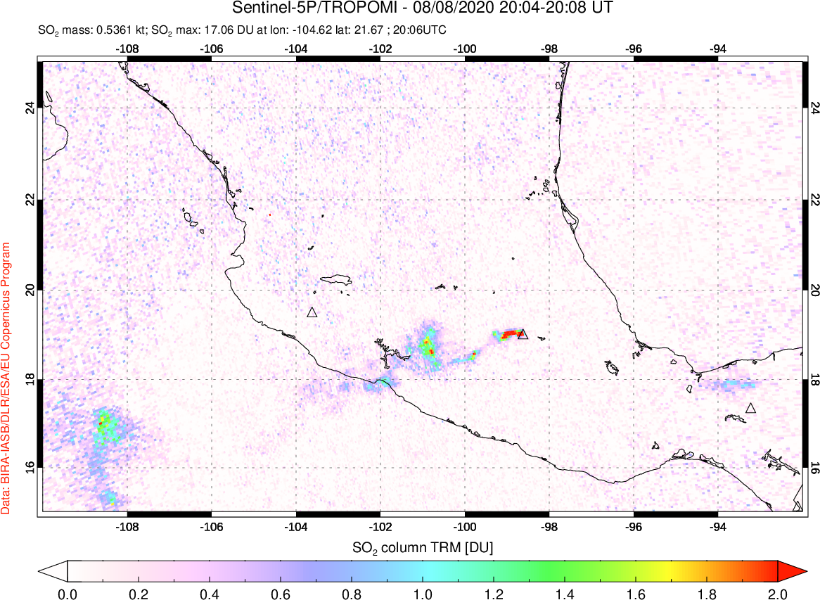 A sulfur dioxide image over Mexico on Aug 08, 2020.