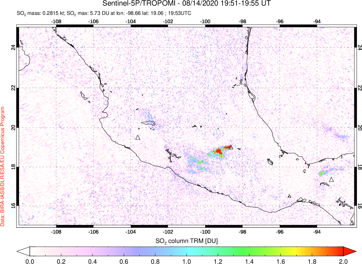 A sulfur dioxide image over Mexico on Aug 14, 2020.
