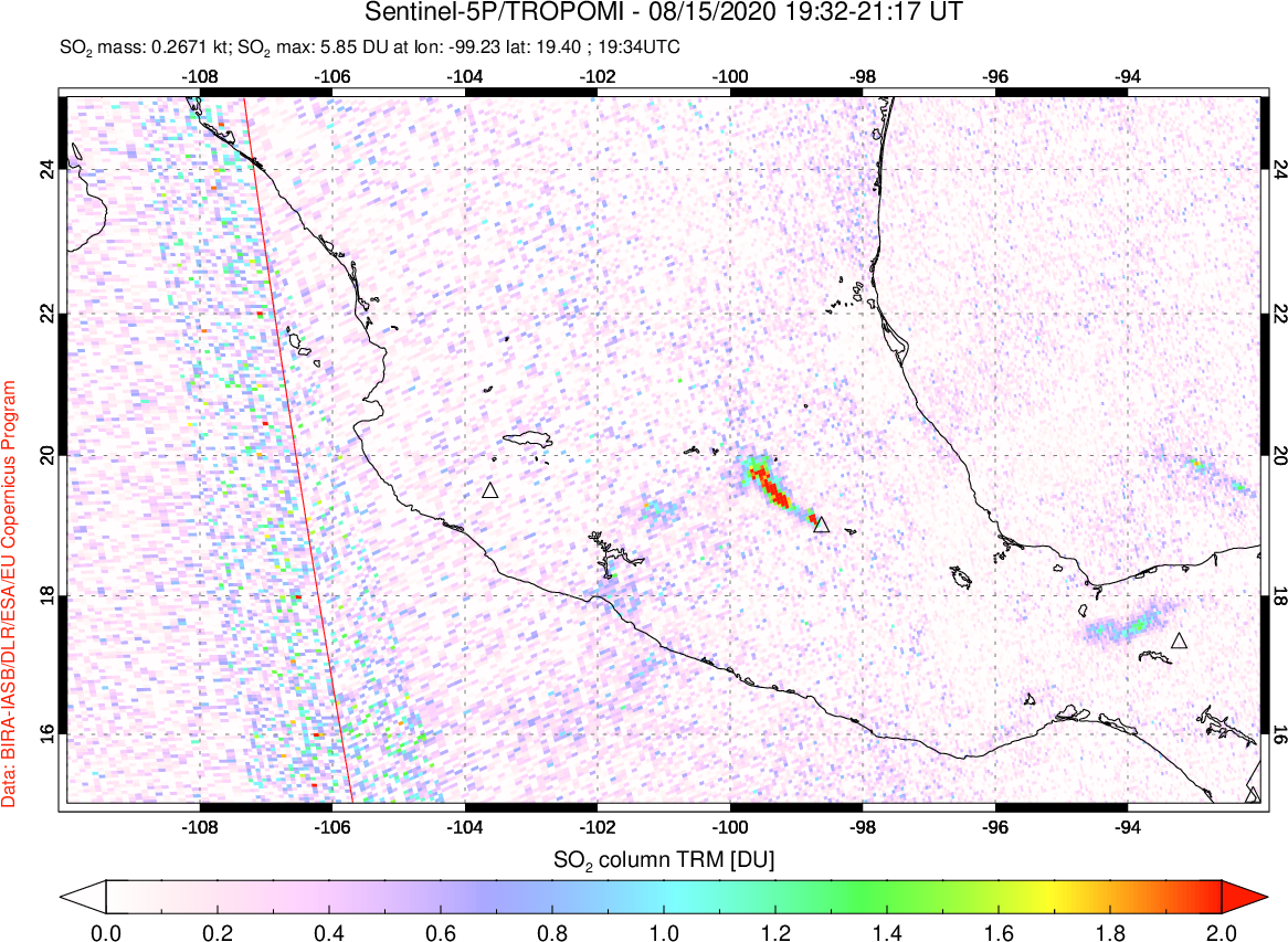 A sulfur dioxide image over Mexico on Aug 15, 2020.