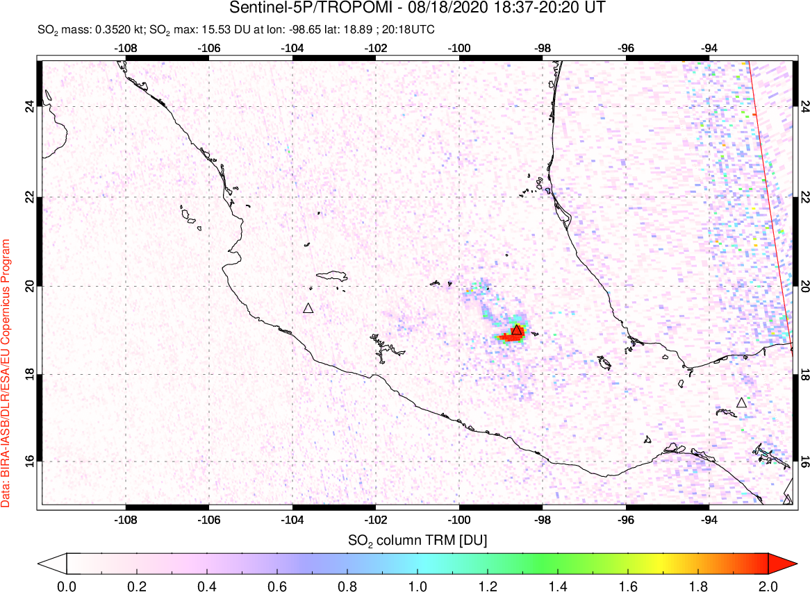 A sulfur dioxide image over Mexico on Aug 18, 2020.
