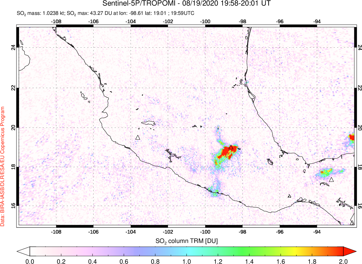 A sulfur dioxide image over Mexico on Aug 19, 2020.