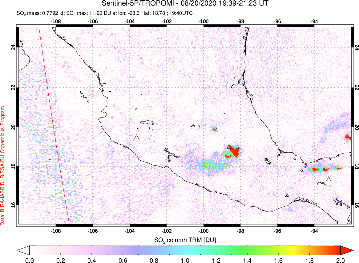 A sulfur dioxide image over Mexico on Aug 20, 2020.