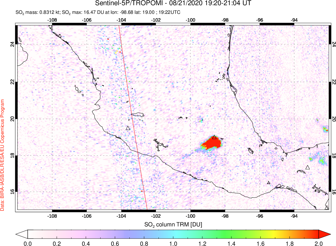 A sulfur dioxide image over Mexico on Aug 21, 2020.
