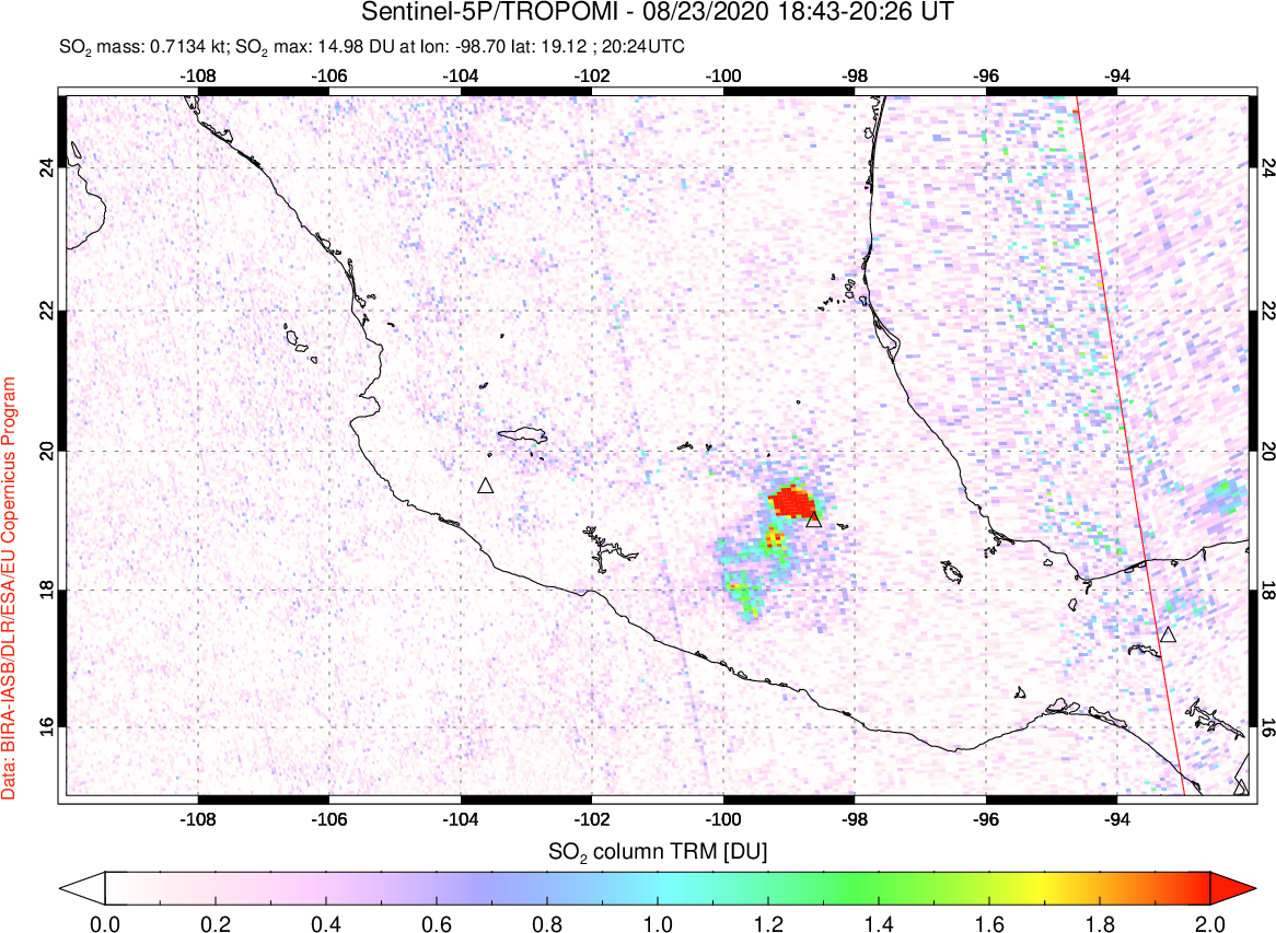 A sulfur dioxide image over Mexico on Aug 23, 2020.