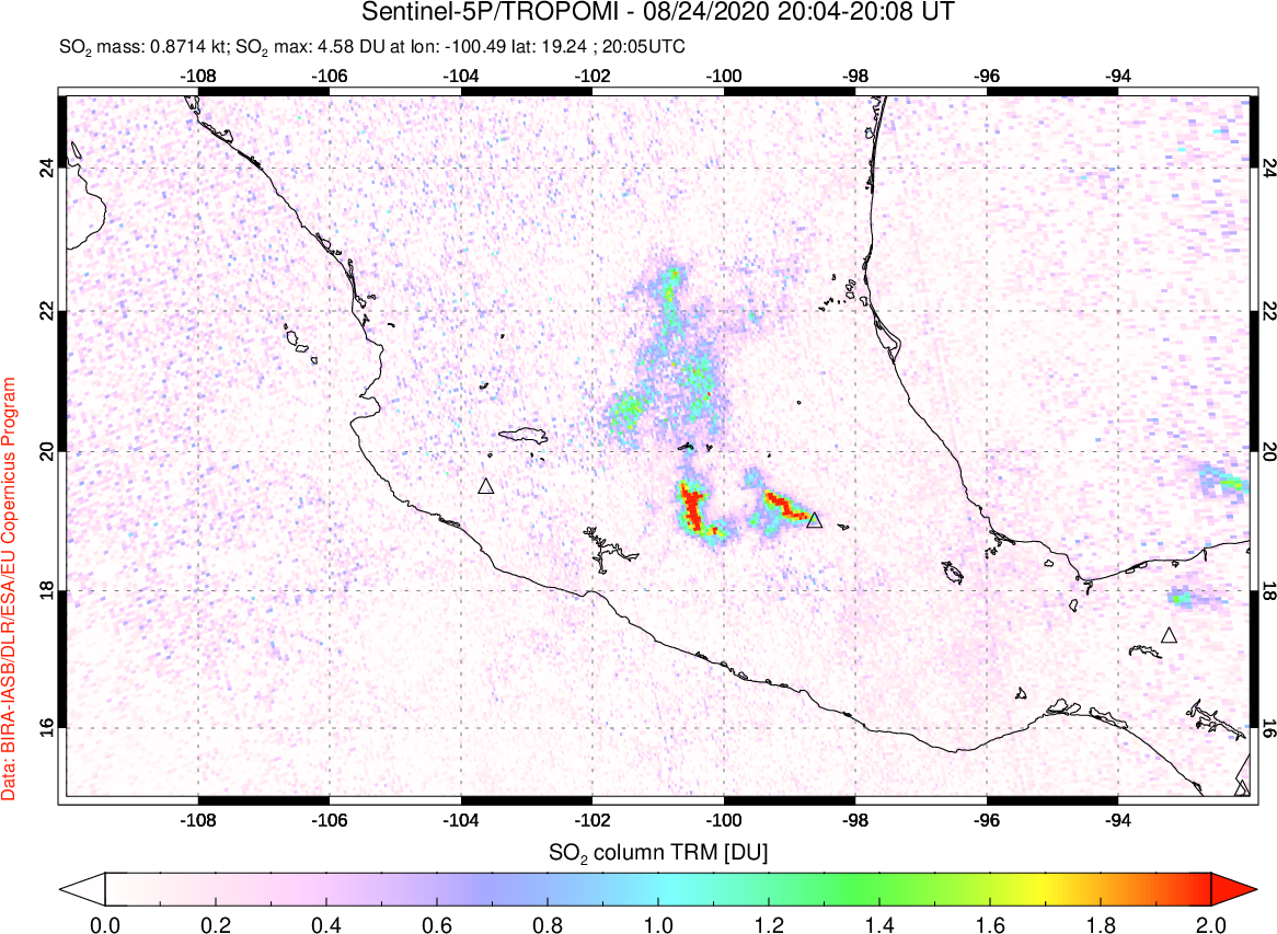 A sulfur dioxide image over Mexico on Aug 24, 2020.