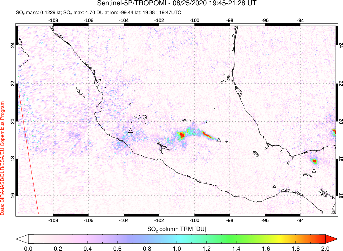 A sulfur dioxide image over Mexico on Aug 25, 2020.