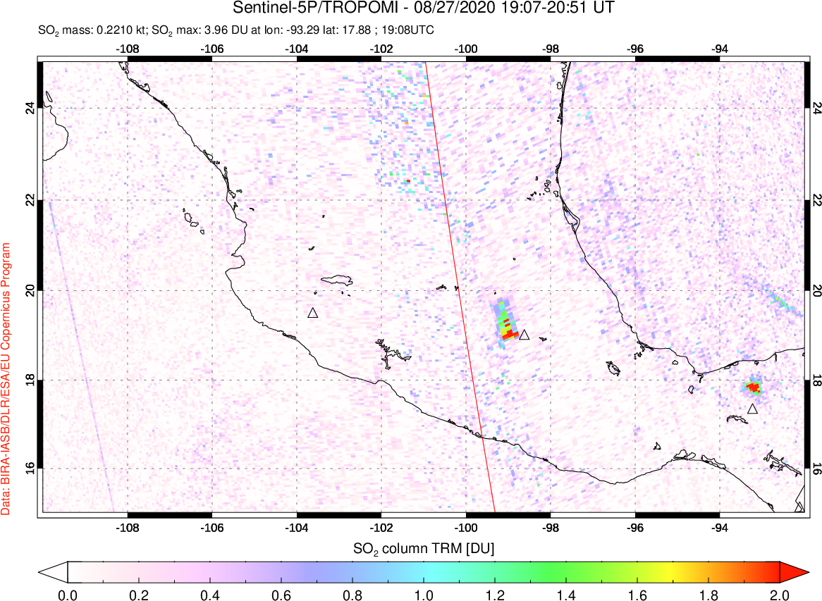 A sulfur dioxide image over Mexico on Aug 27, 2020.