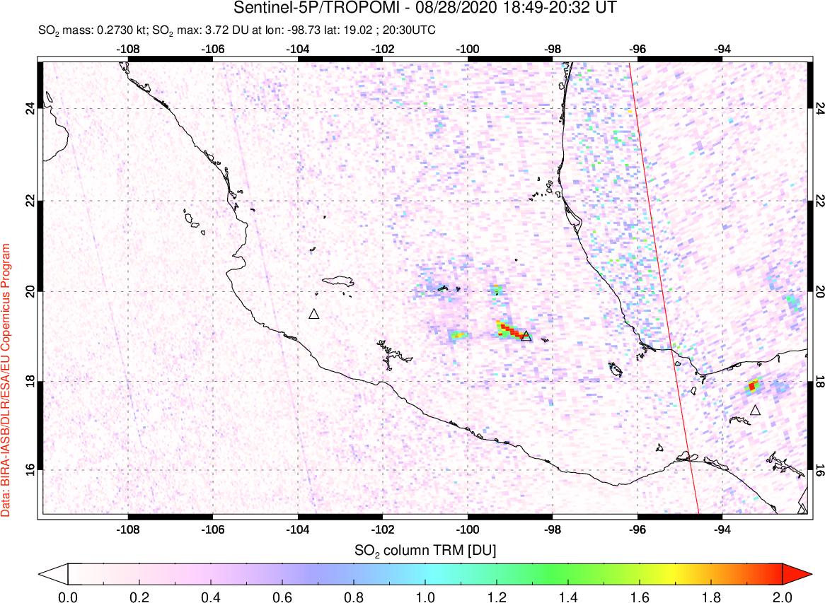 A sulfur dioxide image over Mexico on Aug 28, 2020.